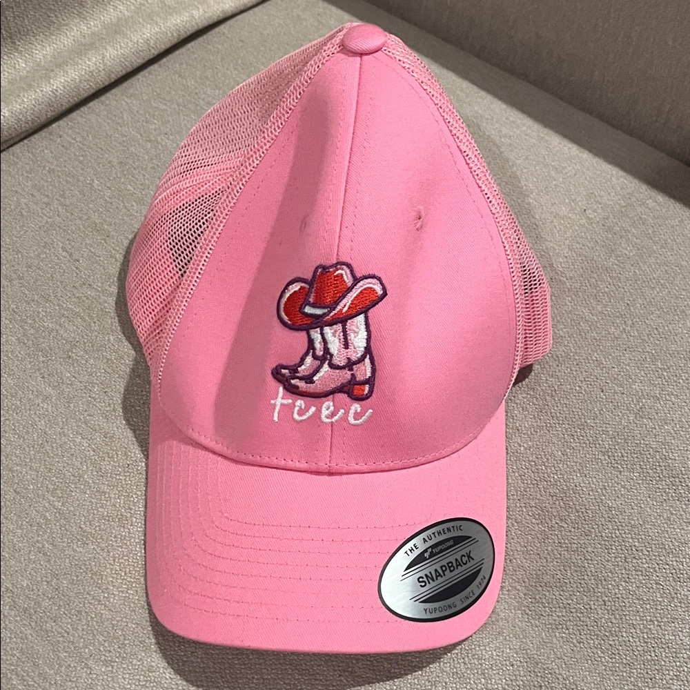 Pink Trucker Hat with Embroidered Cowboy Boots